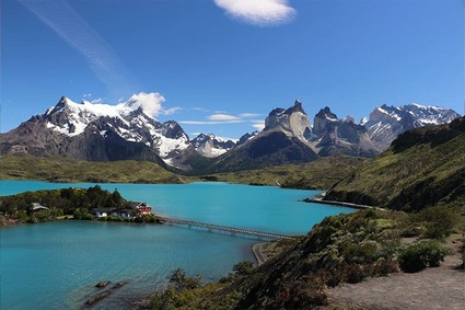 Bright blue lake with mountains